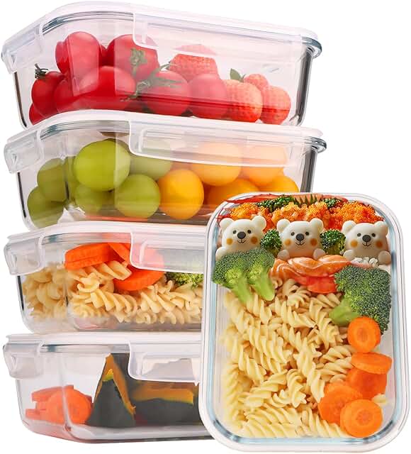Set of five glass food storage containers with lids