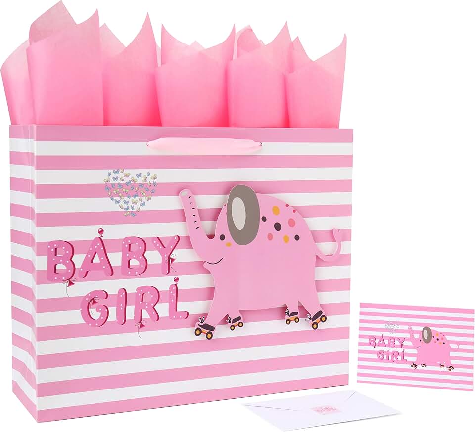 Large Baby Girl Gift Bag with Elephant Design