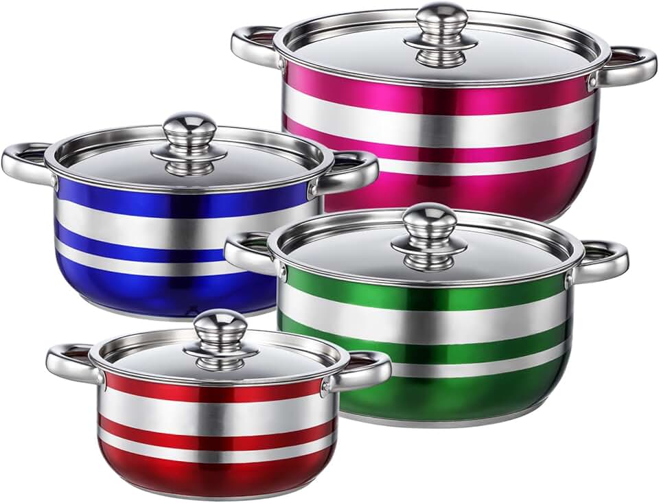Set of 4 stainless steel cooking pots with lids