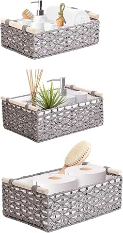 Set of 3 Grey Wicker Toilet Tank Baskets