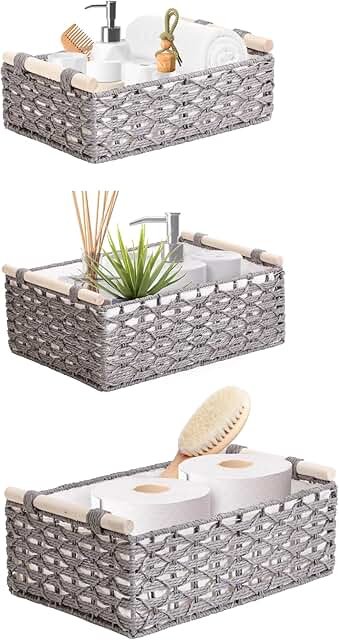 Set of 3 Grey Wicker Toilet Tank Baskets