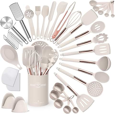 43-Piece Silicone Kitchen Utensil Set with Rose Gold Handles