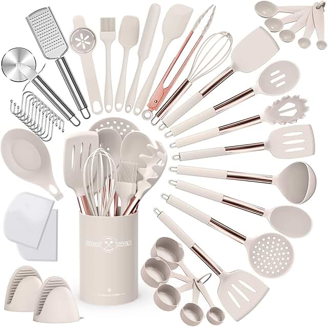 43-Piece Silicone Kitchen Utensil Set with Rose Gold Handles