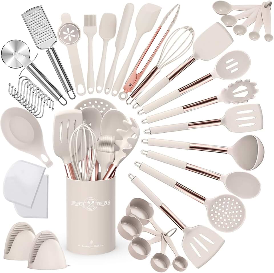43-Piece Silicone Kitchen Utensil Set with Rose Gold Handles