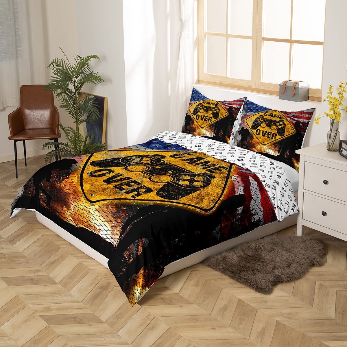 Army Soldier Bedding Set Twin Size for Kids Boys Bedroom, Flag Bed Duvet Cover Set,Modern Gamepad Reversible Comforter Cover Video Games Decor 2 Pieces 1 Duvet Cover with 1 Pillowcase