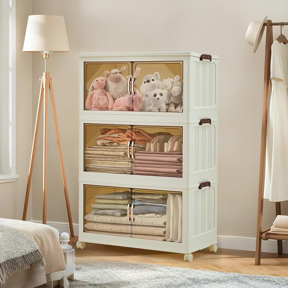 Stackable and collapsible plastic storage bins with lids and wheels