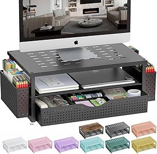 Black desk organizer with monitor stand, drawer, and pen holders