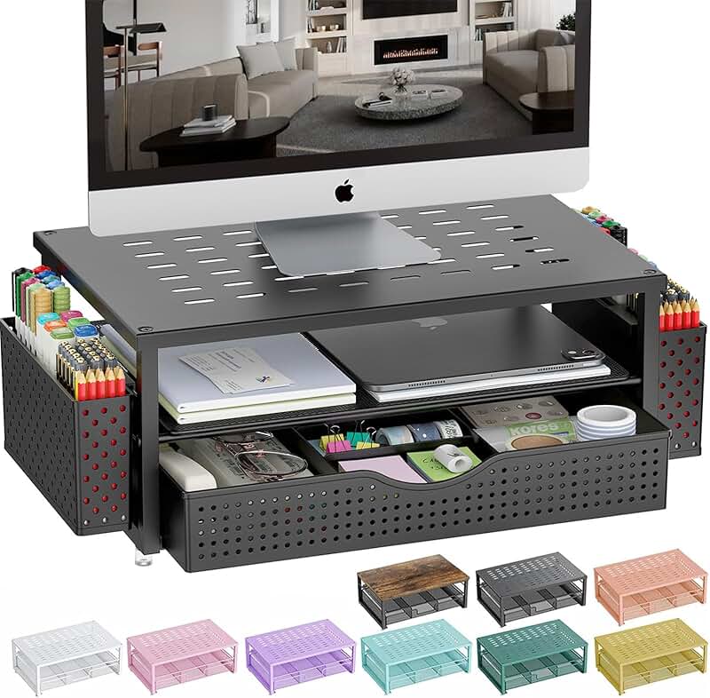 Black desk organizer with monitor stand, drawer, and pen holders