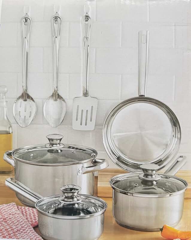 10-Piece Stainless Steel Cookware Set with Lids and Utensils