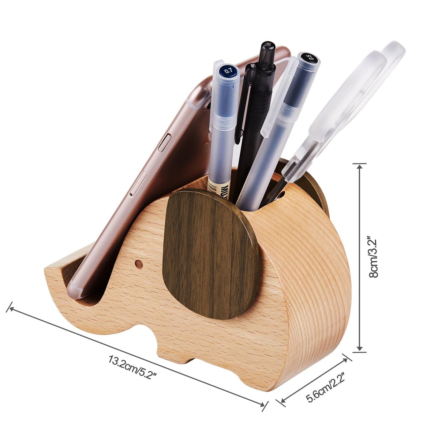 Wooden Elephant Phone Stand with Pen Holder and Desk Organizer