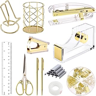 Gold Office Desk Accessories Set with Stapler, Pen, Scissors, and More