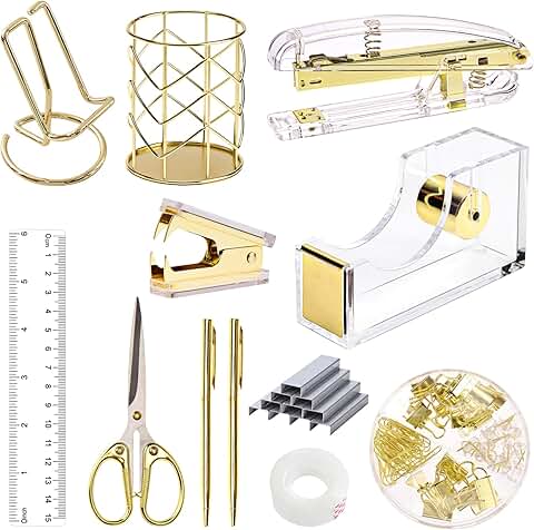 Gold Office Desk Accessories Set with Stapler, Pen, Scissors, and More