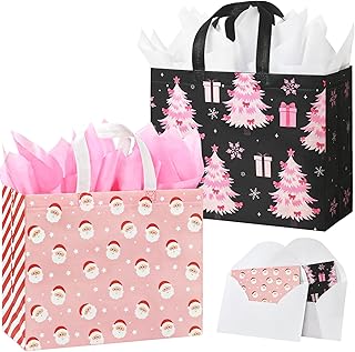 Pink Christmas Gift Bags with Tissue Paper and Cards