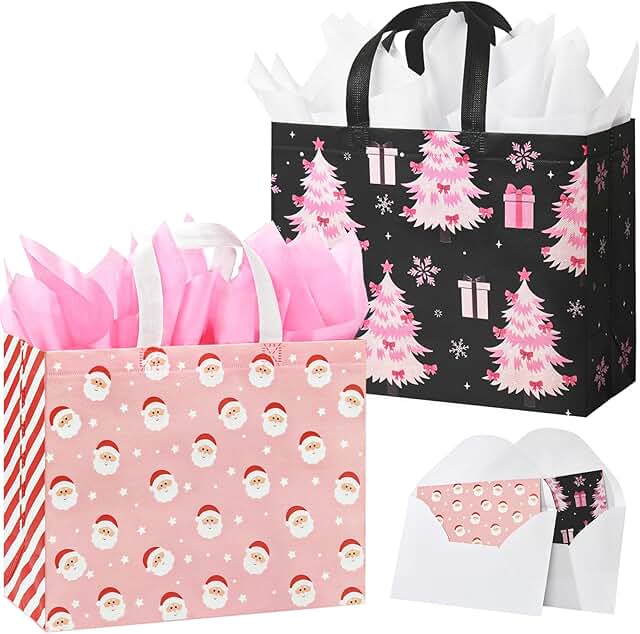 Pink Christmas Gift Bags with Tissue Paper and Cards