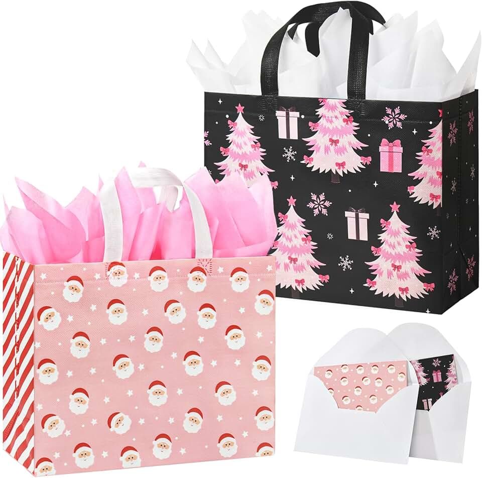 Pink Christmas Gift Bags with Tissue Paper and Cards