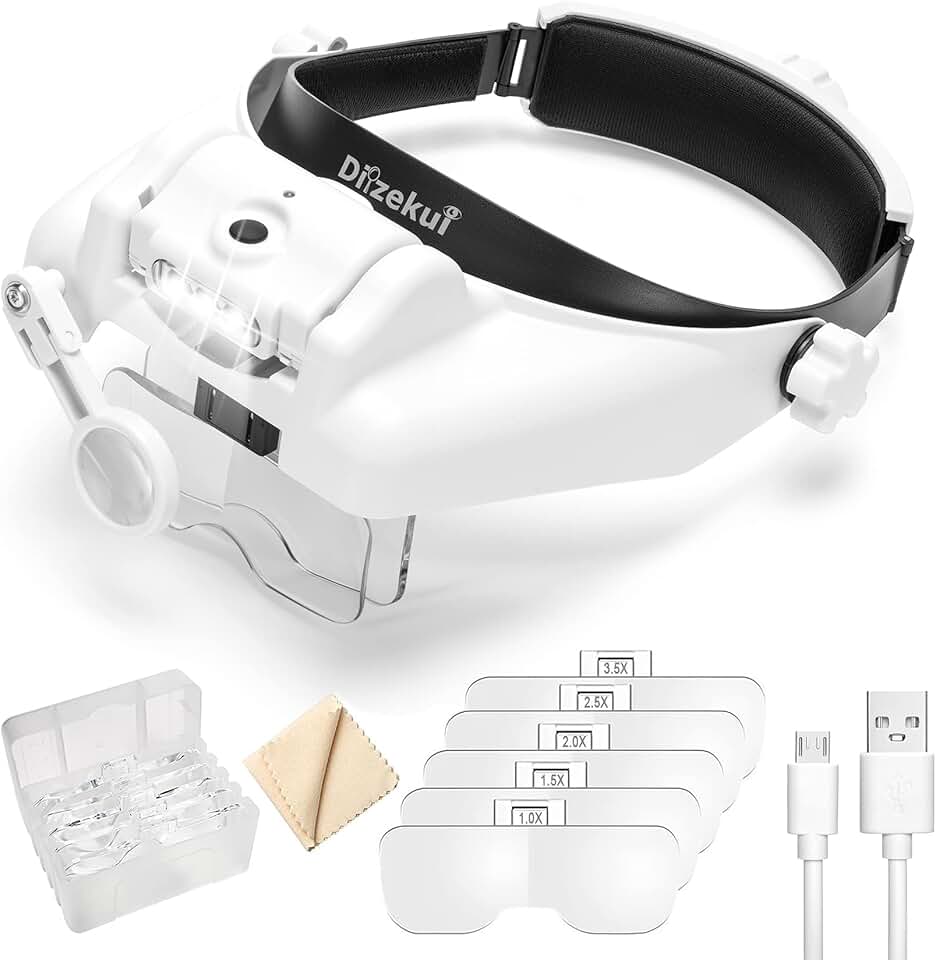 Rechargeable Headband Magnifier with Light and Detachable Lenses