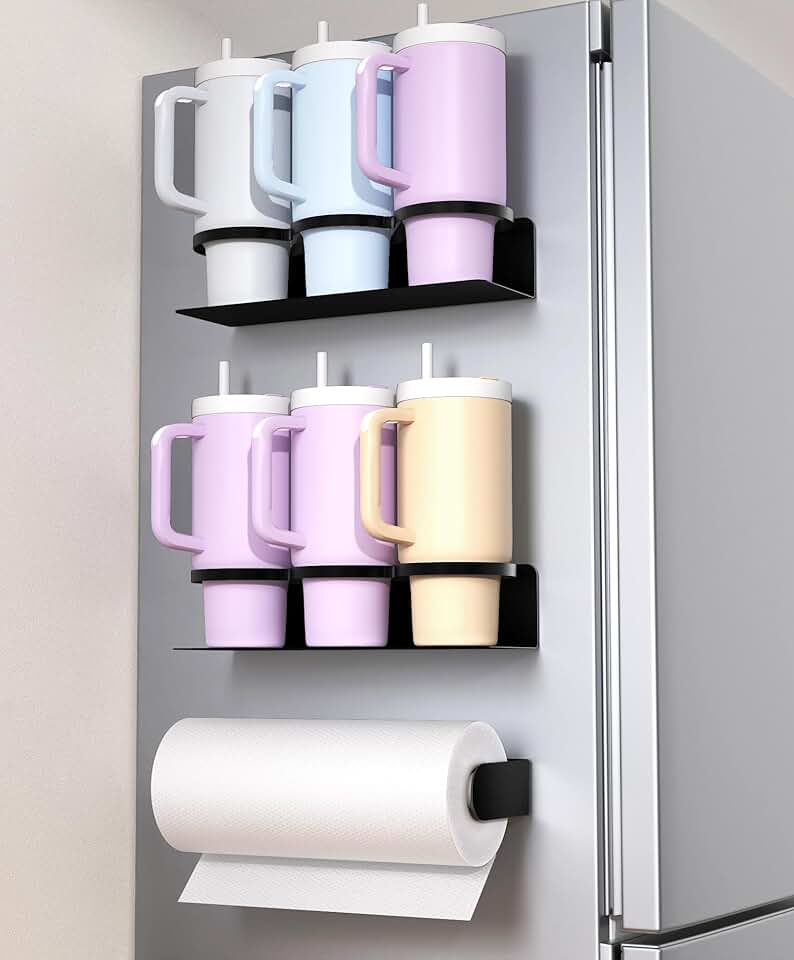 Magnetic Cup and Tumbler Holder with Paper Towel Rack