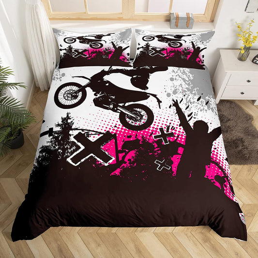 Motorcycle Dirt Bike Duvet Cover Queen for Boys Girls Kids Graffiti Hip Hop Bedding Set Motorbike Vehicles Comforter Cover Child Motocross Rider Decor Bedspread Quilt Cover for Dorm Room,Soft,Zipper