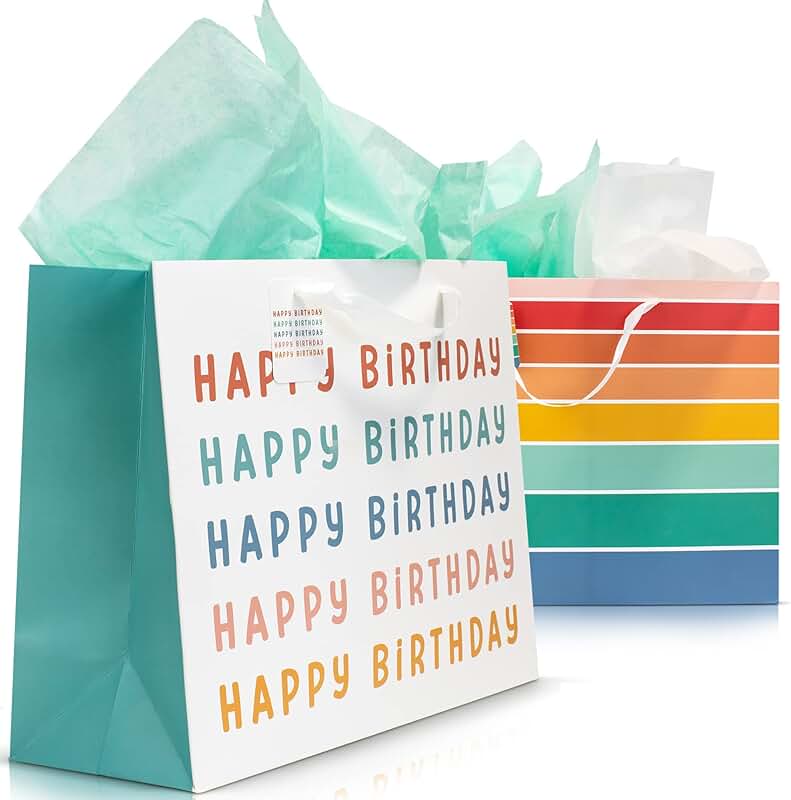 Set of 2 large birthday gift bags with tissue paper and stickers