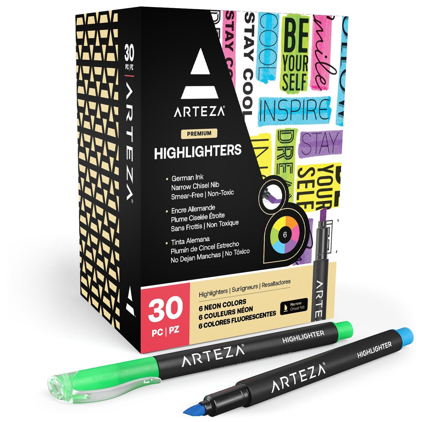 Set of 30 Neon Highlighters with Narrow Tips