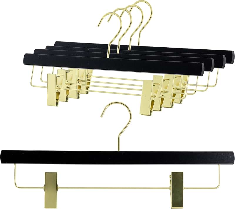 Set of 5 Black Beech Wood Hangers with Clips and Rotating Hook