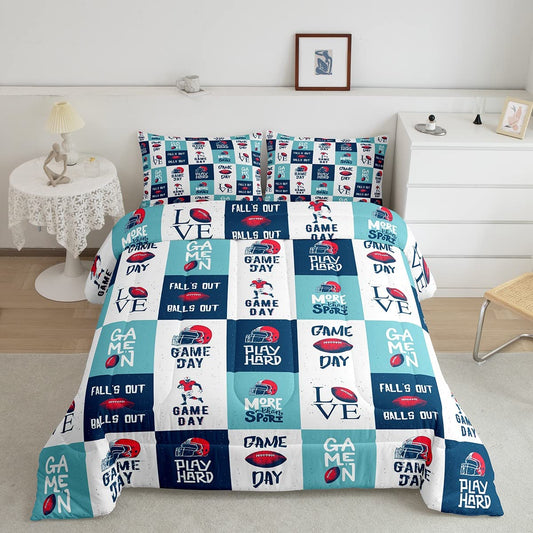 Football Comforter Set Twin Size Kids Rugby Sports Theme Bedding Set Square Grid Plaid Comforter for Boys Room Decor Lightweight Duvet Set with 1 Pillow Case