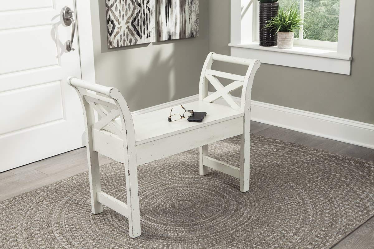 Heron Ridge Distressed Accent Bench with Storage, Antique White