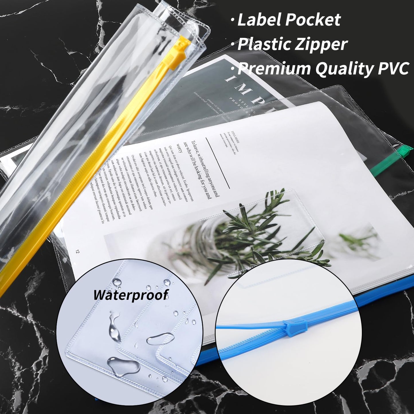 24 Pack of Colorful Plastic Zip Envelopes for Storage