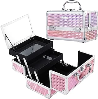 Portable Pink Makeup Train Case with Mirror and Lock