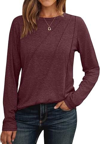 Women's Long Sleeve Pleated Crew Neck Casual Fall Top