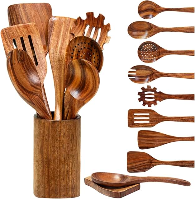 10-Piece Wooden Cooking Utensil Set with Holder