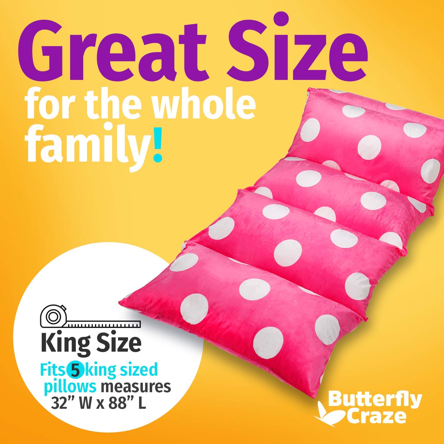 Pillow Bed Floor Lounger Cover 5 King Pillows Required)  Perfect Recliner Floor Pillow for Kids  Pillow Lounger for Reading Playing Games  Hot Pink Polka Dot, King