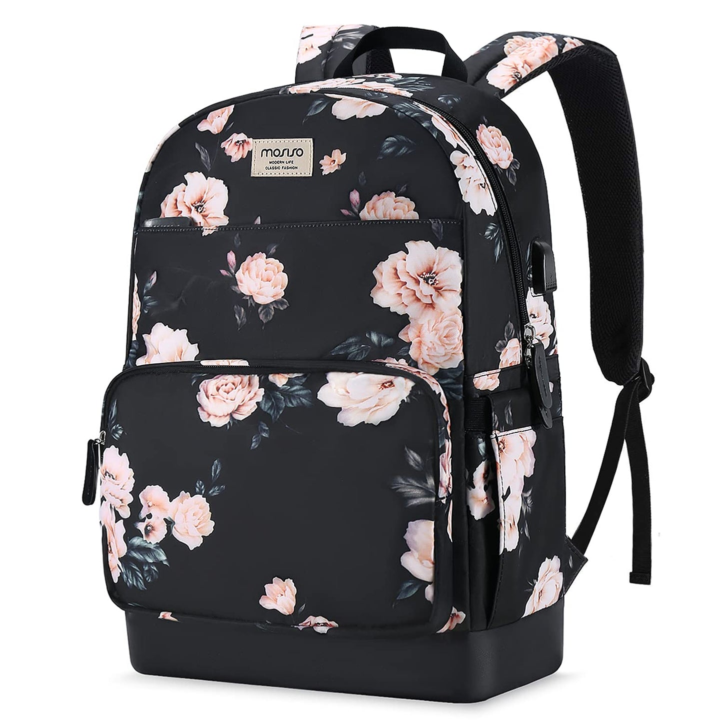 15.6-16 inch Laptop Backpack for Women Girls, Polyester Anti-Theft Stylish Casual Daypack Bag with Luggage Strap & USB Charging Port, Camellia Travel Business College School Bookbag, Black