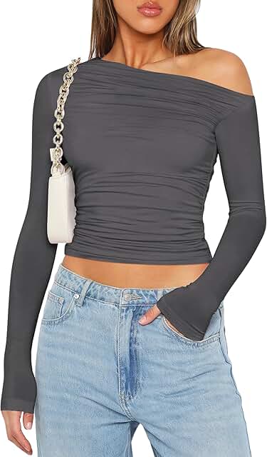 Women's Off-Shoulder Long Sleeve Crop Top for Casual or Going Out