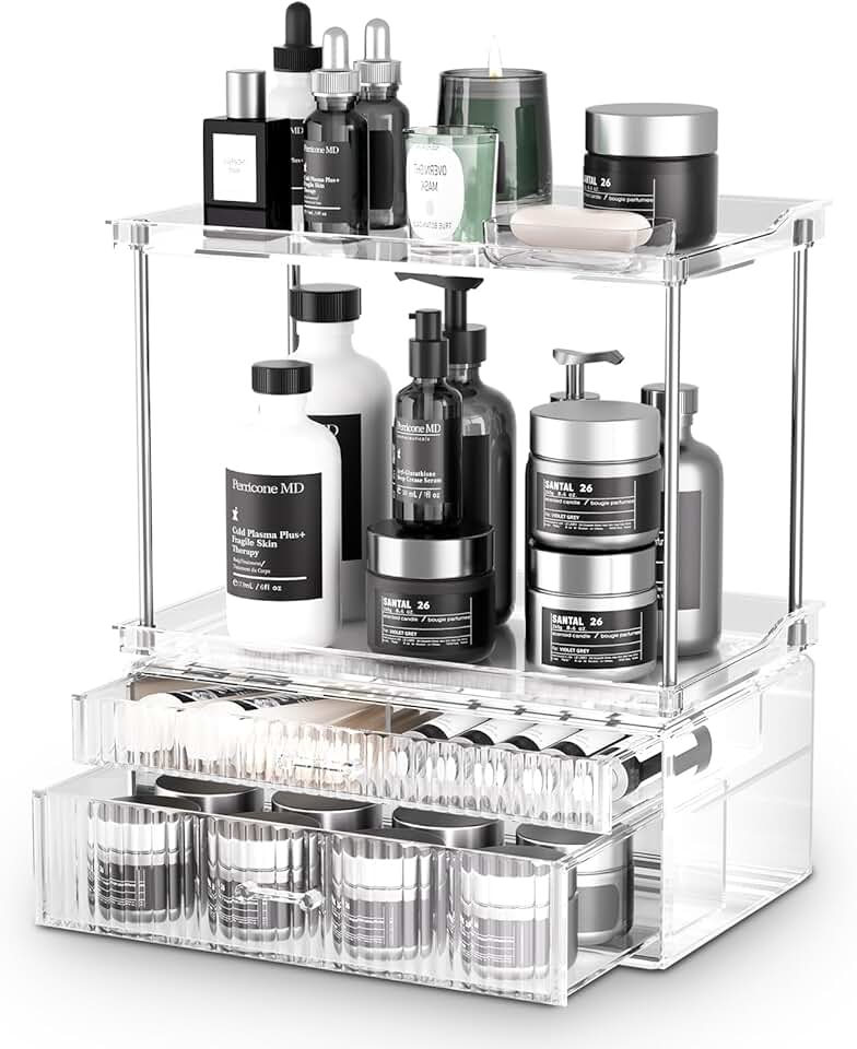 Two-Tier Bathroom Countertop Organizer with Two Drawers