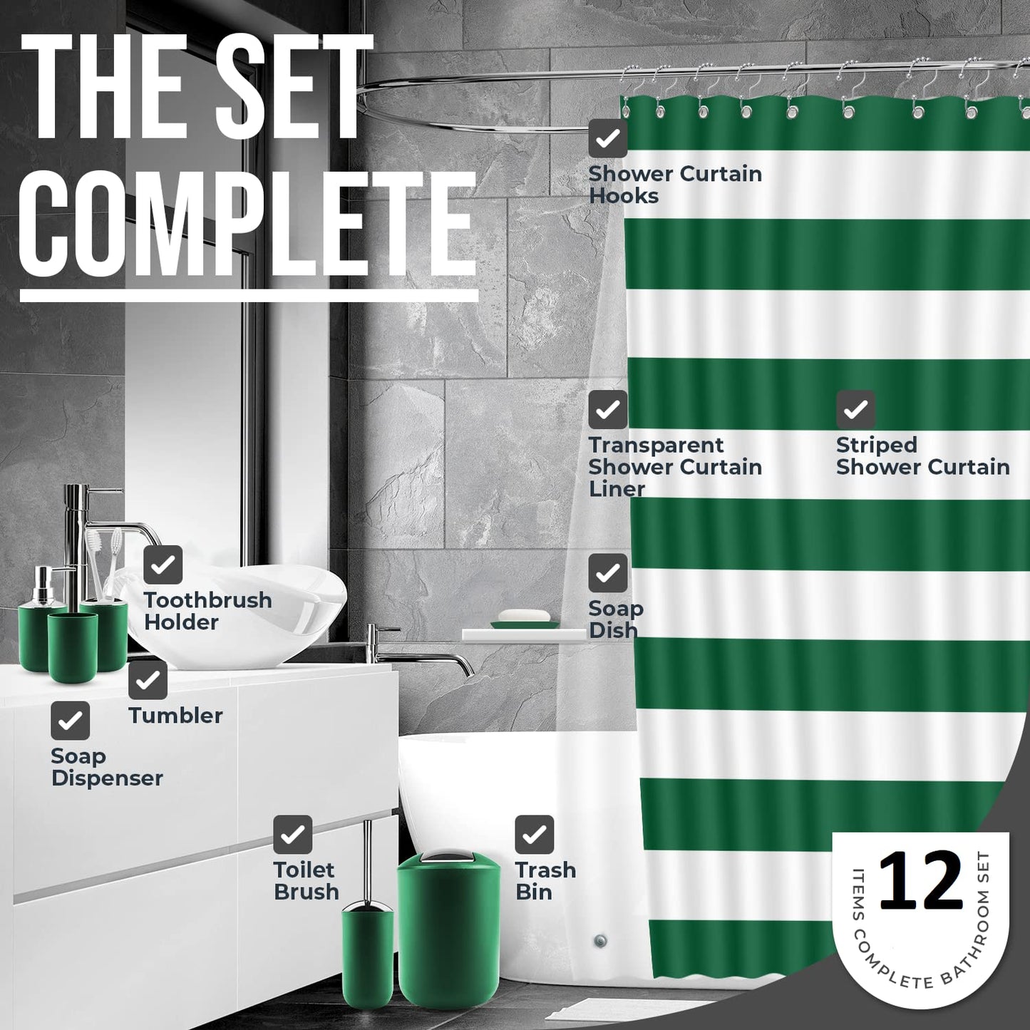 12 Piece Complete Bathroom Accessories Set with Bath Rugs and Shower Curtain Set, Hunter Green