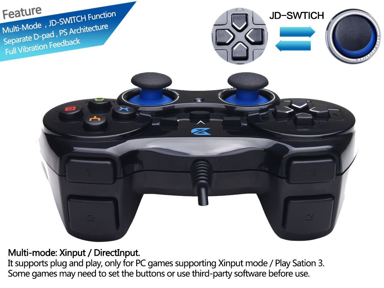 '-V+ USB Wired Gaming Controller Gamepad For PC/Laptop Computer(Windows XP/7/8/10/11) & PS3 & Android & Steam - [Black]