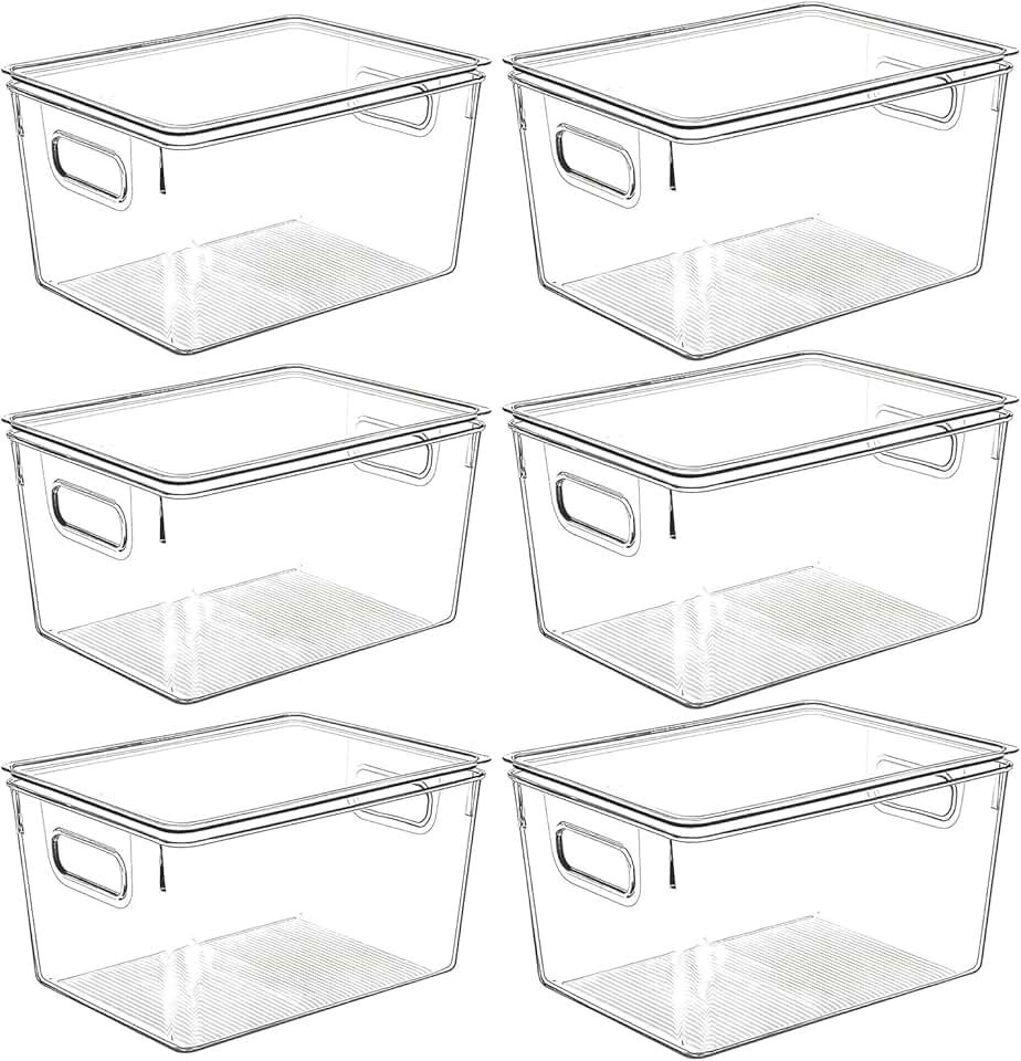 Clear plastic storage bins with lids for kitchen and pantry organization