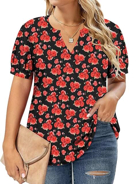 Plus Size Short Puff Sleeve V-Neck Casual Blouse