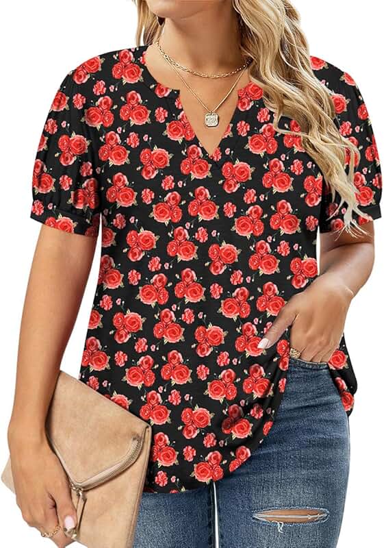 Plus Size Short Puff Sleeve V-Neck Casual Blouse