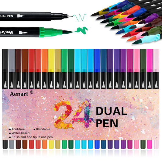 Dual Brush Markers Set 24 Colors for Drawing and Coloring
