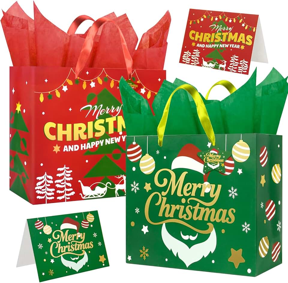 Set of 2 Christmas Gift Bags with Handles and Accessories