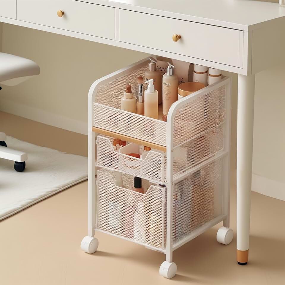 Rolling makeup cart with 2 drawers and wheels