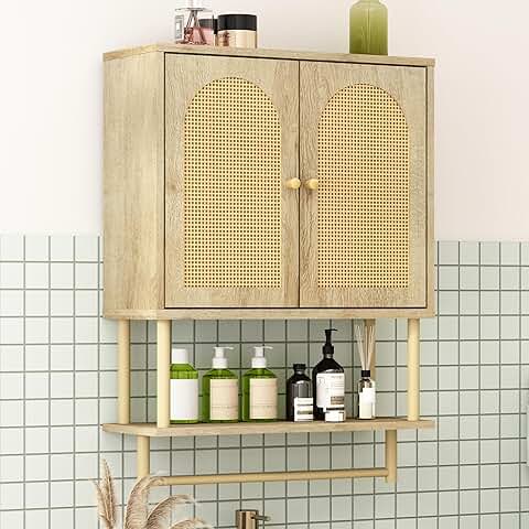 Modern Rattan Bathroom Wall Cabinet with Arched Doors