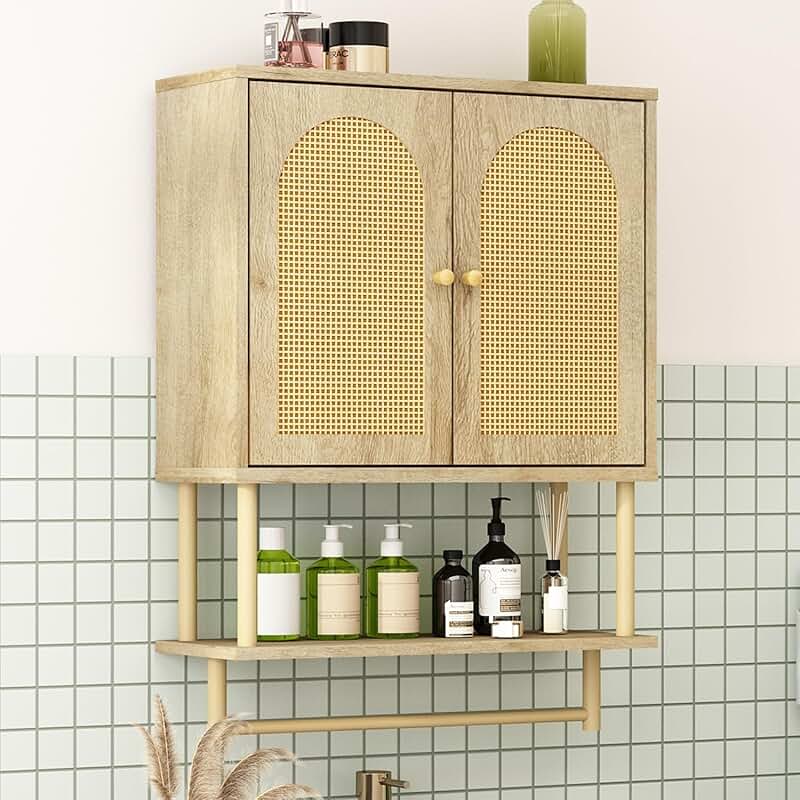 Modern Rattan Bathroom Wall Cabinet with Arched Doors