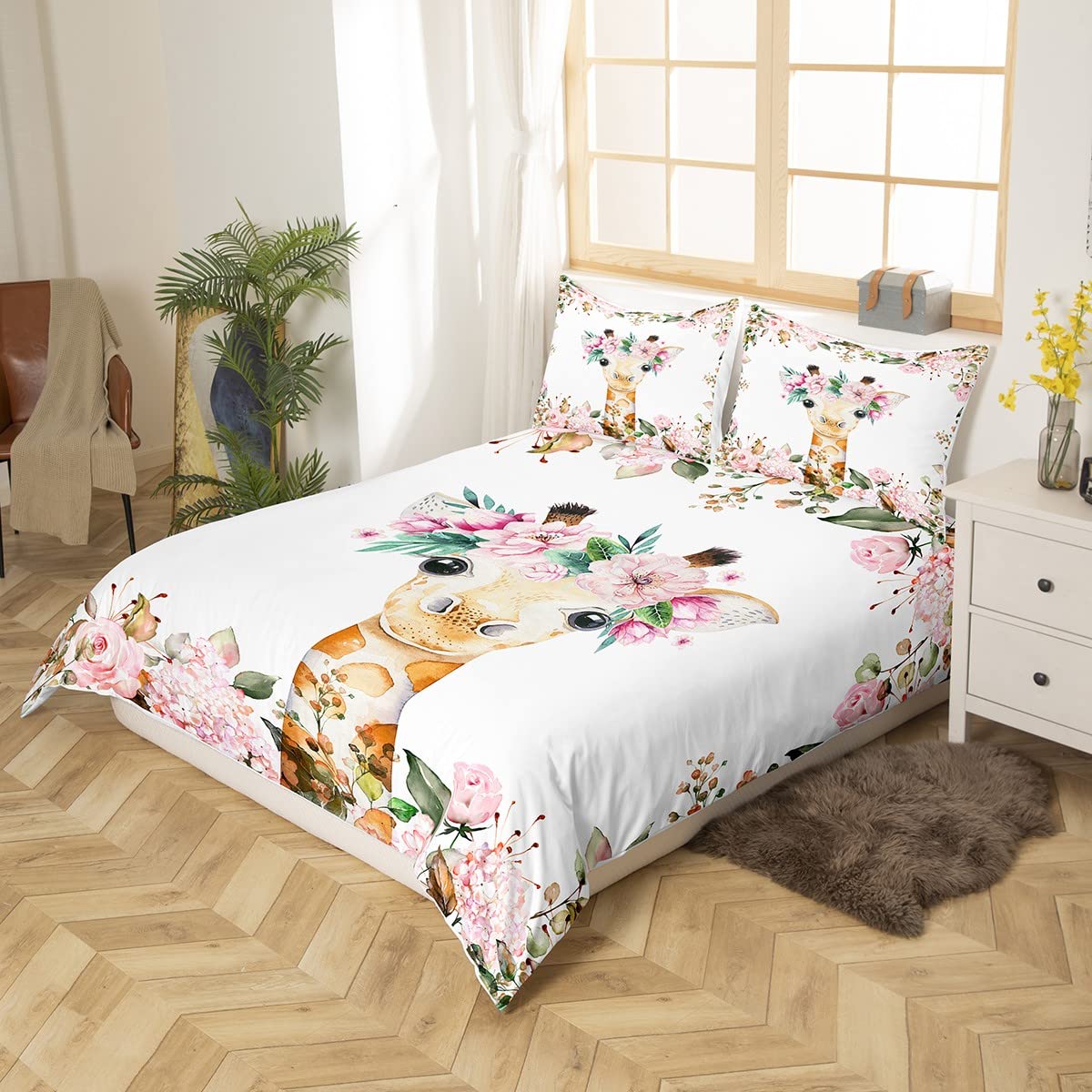Cute Giraffe Bedding Sets Pink Rose Duvet Cover Queen Size Girls Kids,Cartoon Animal Comforter Cover Floral Flower Quilt Cover,Wildlife Giraffe Bedspread Cover Botanical Room Decor