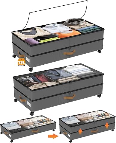 Large Under Bed Storage Containers with Wheels, 75L, Grey