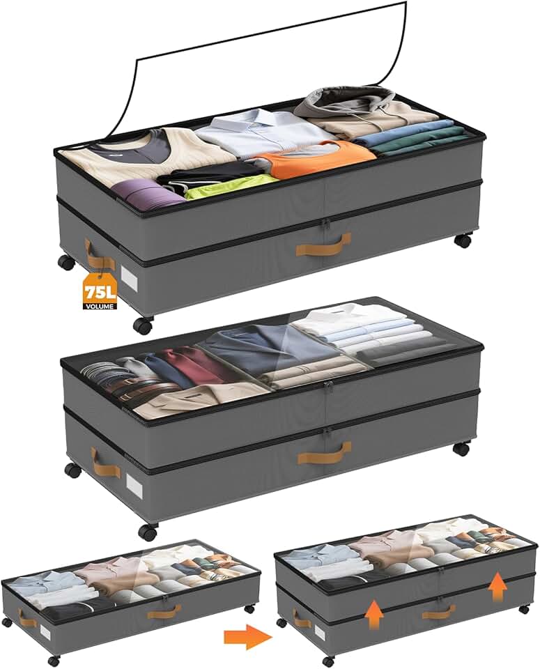 Large Under Bed Storage Containers with Wheels, 75L, Grey