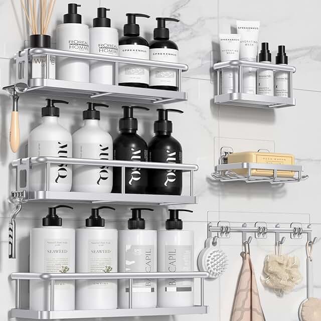 Large Rustproof Shower Caddy with Hooks and Soap Holder