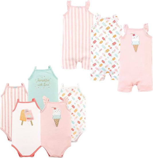Unisex Baby Cotton Bodysuits and Rompers, 8 Pieces